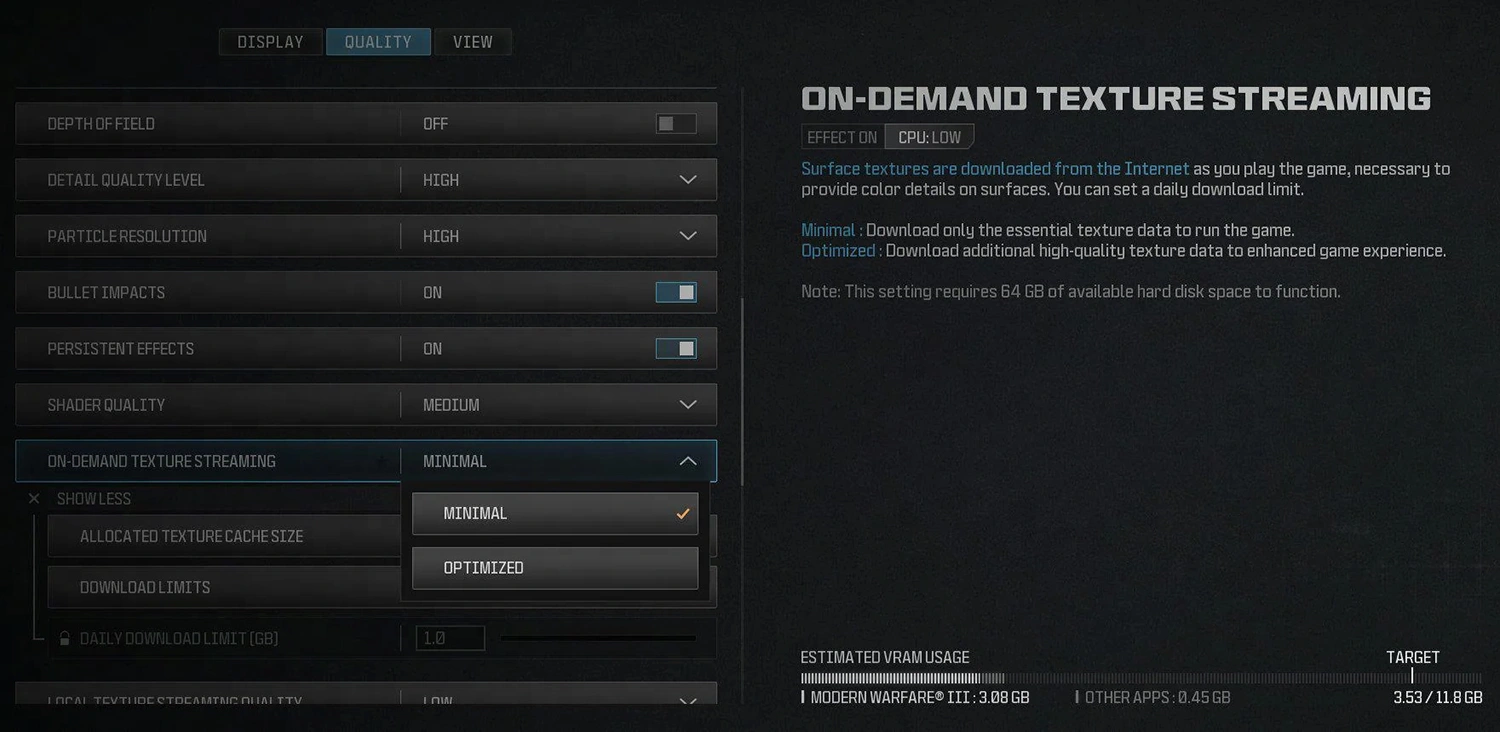 Reduce Texture Streaming Quality or Bandwidth Usage