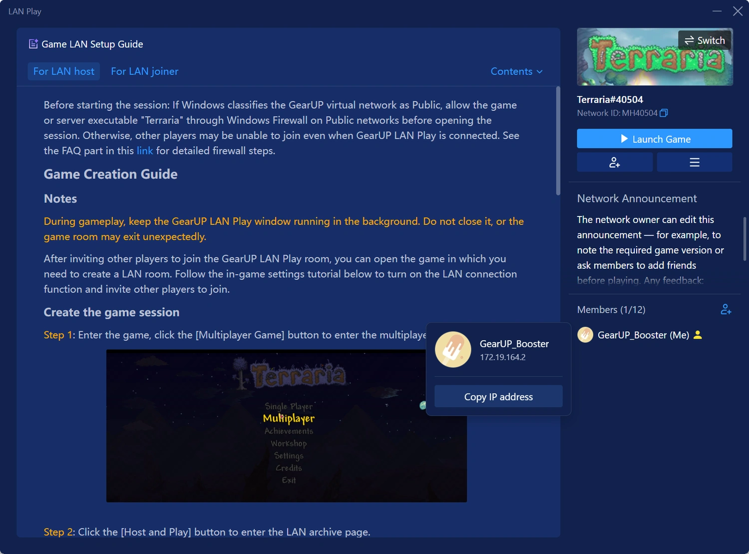 Use GearUP LAN Play to Create a Terraria Virtual Network