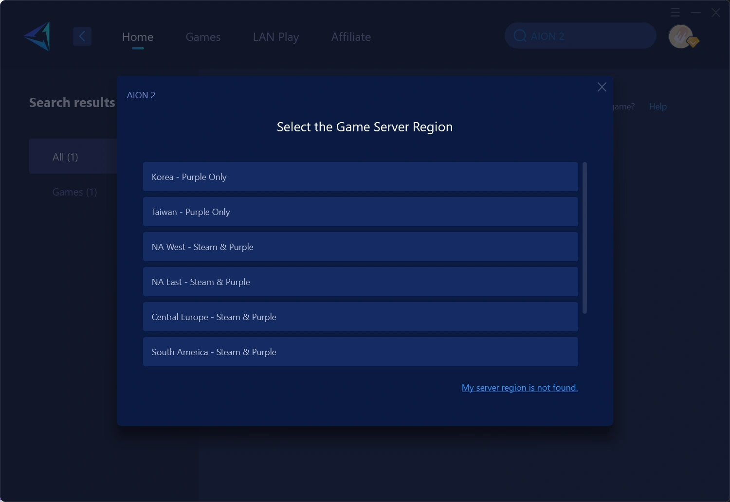 Выбор сервера AION 2 в GearUP